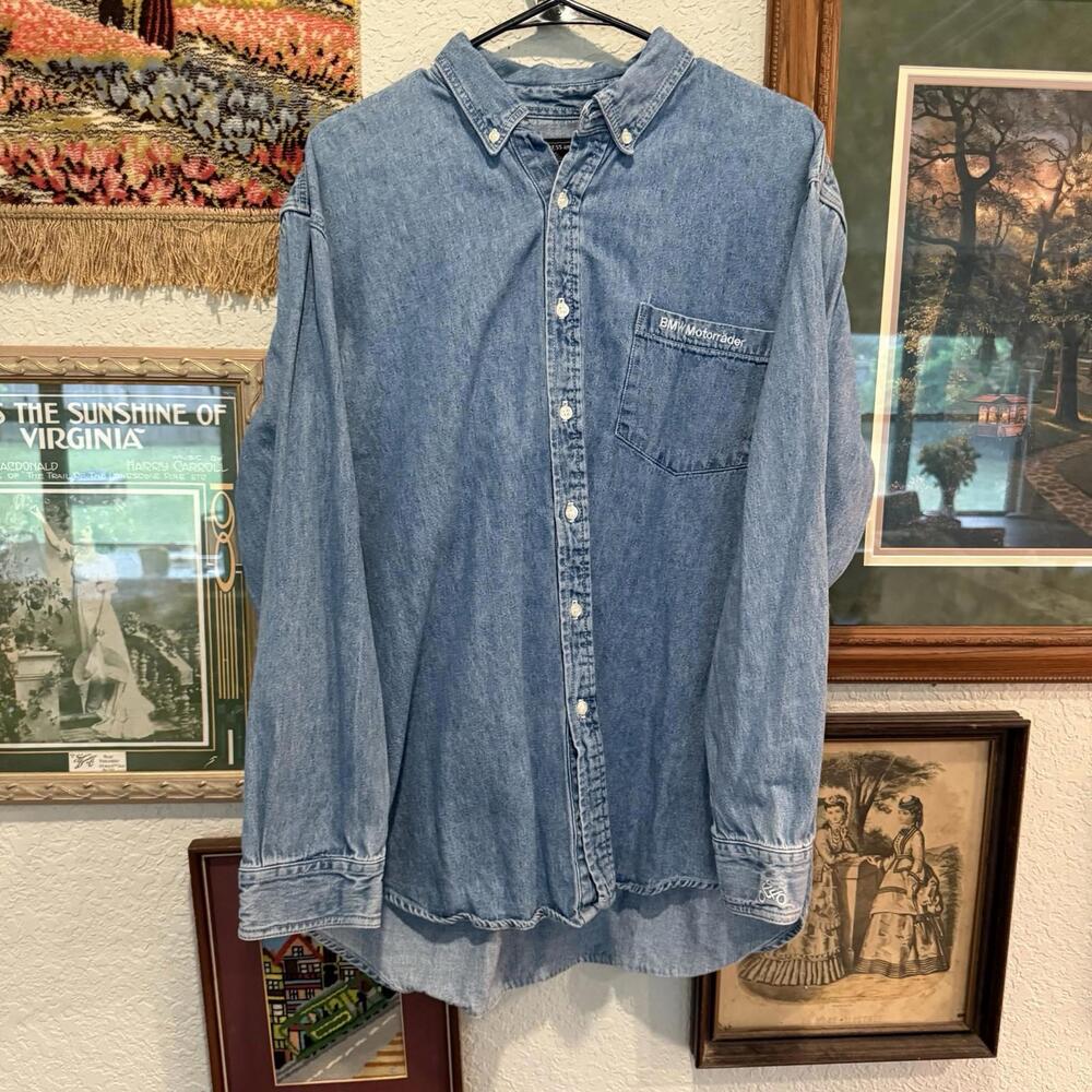 Vintage 80s RARE‎ Dress and Ride BMW Motorcycle Denim Mens Shirt Size Large/XL